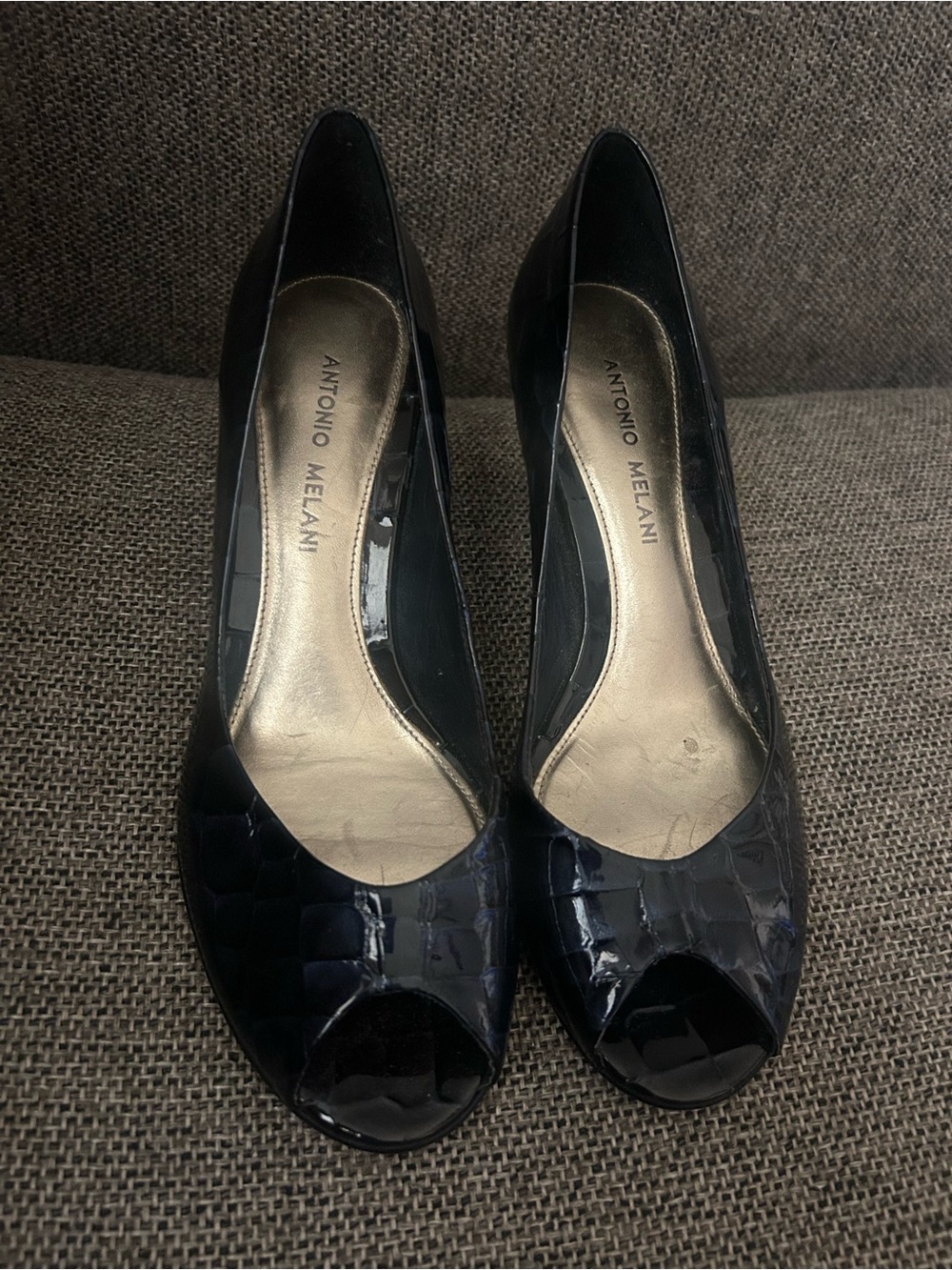 Antonio Melani Navy Blue, Croc-embossed, peep toe pump heels